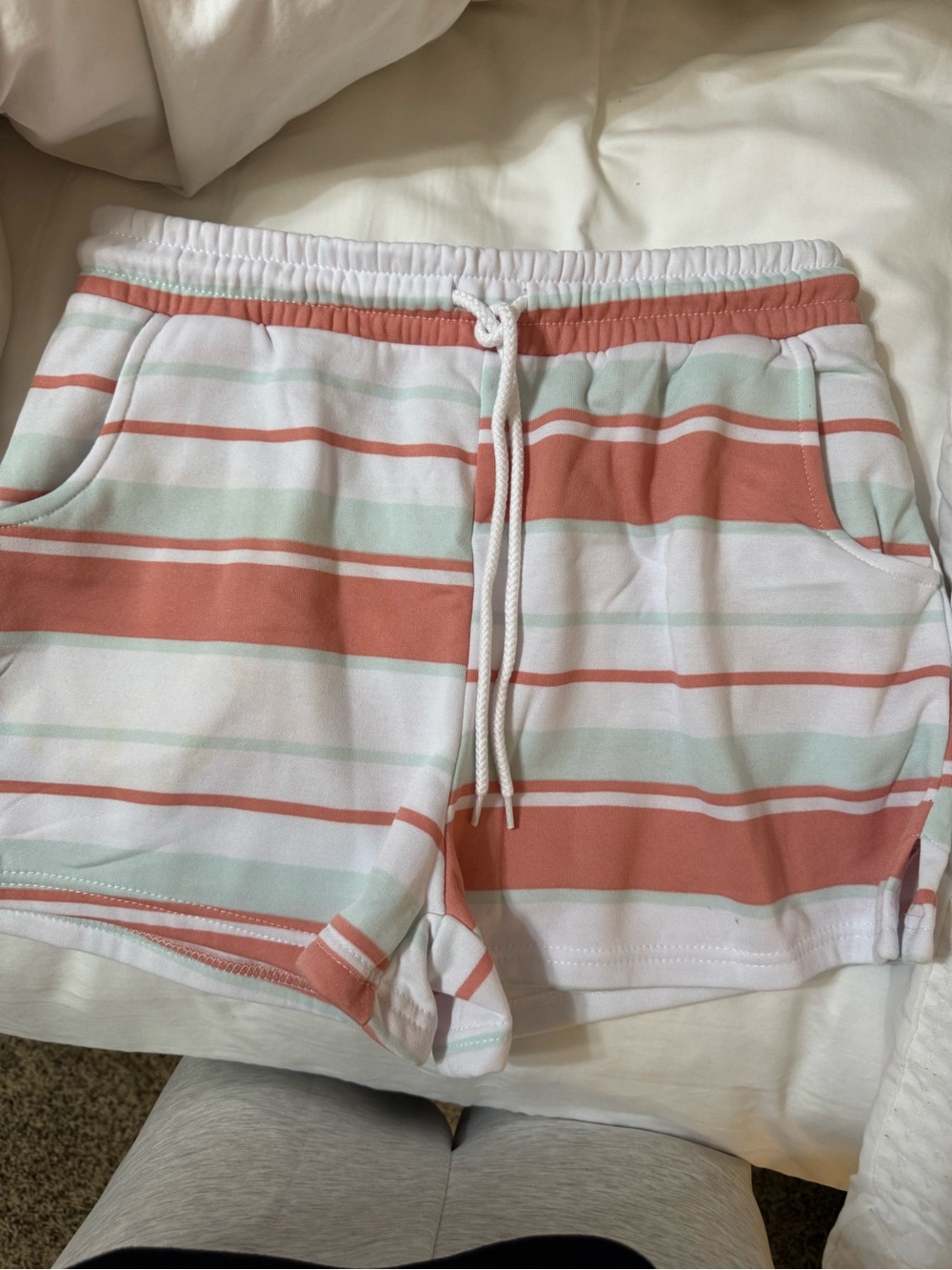 Striped Drawstring Athletic Shorts in Coral & Mint